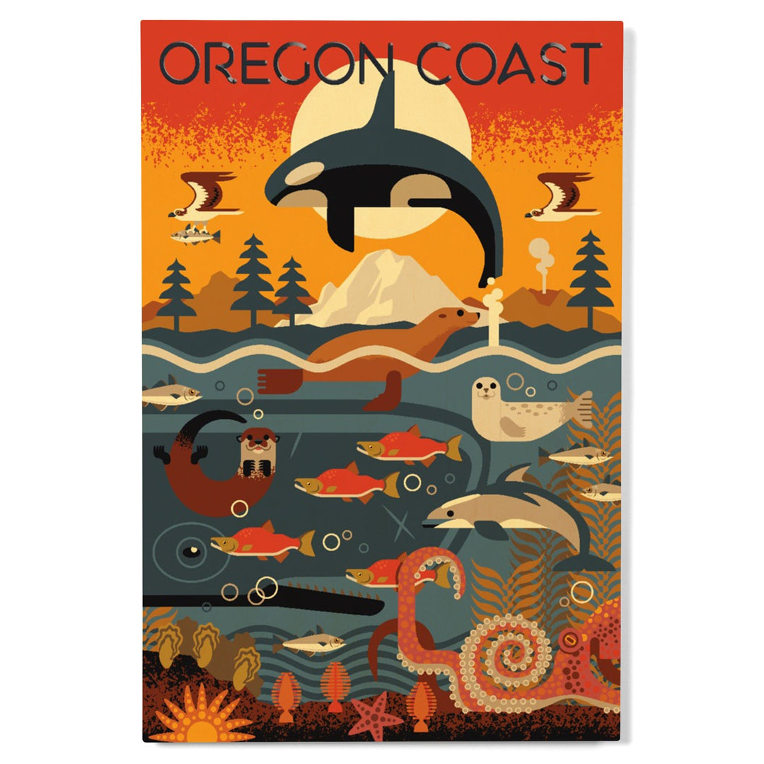 Oregon Coast, Oregon, Marine Animals, Geometric, Lantern Press Artwork, Wood Signs and Postcards Wood Lantern Press 