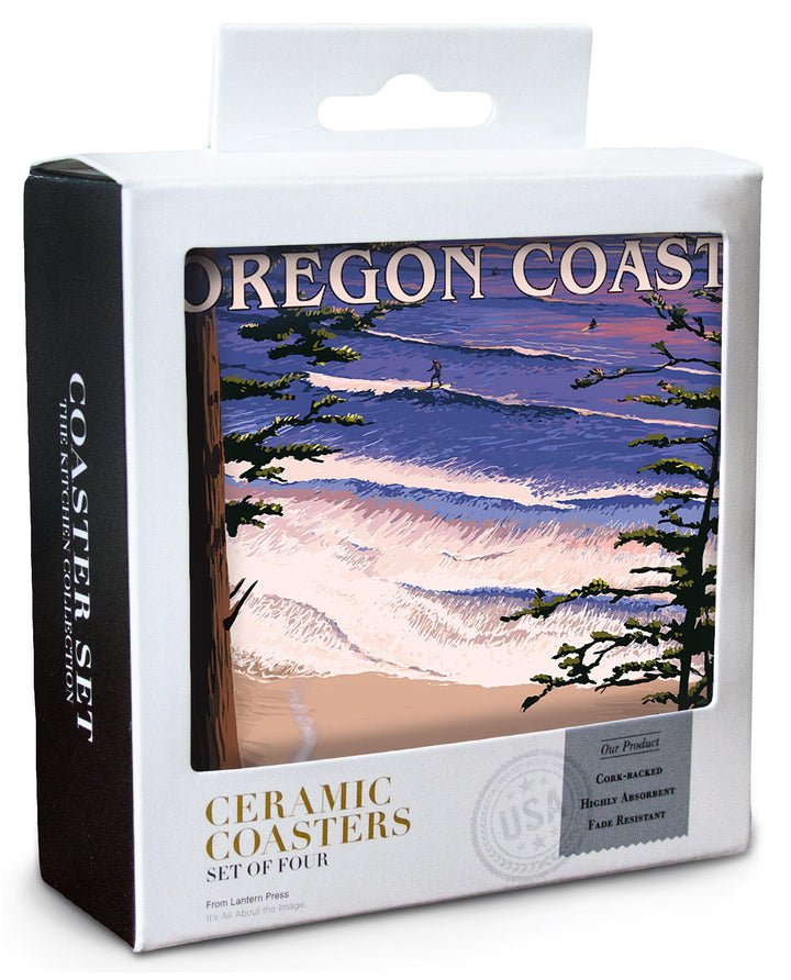 Oregon Coast, Sunset Surfers, Lantern Press Artwork, Coaster Set Coasters Lantern Press 