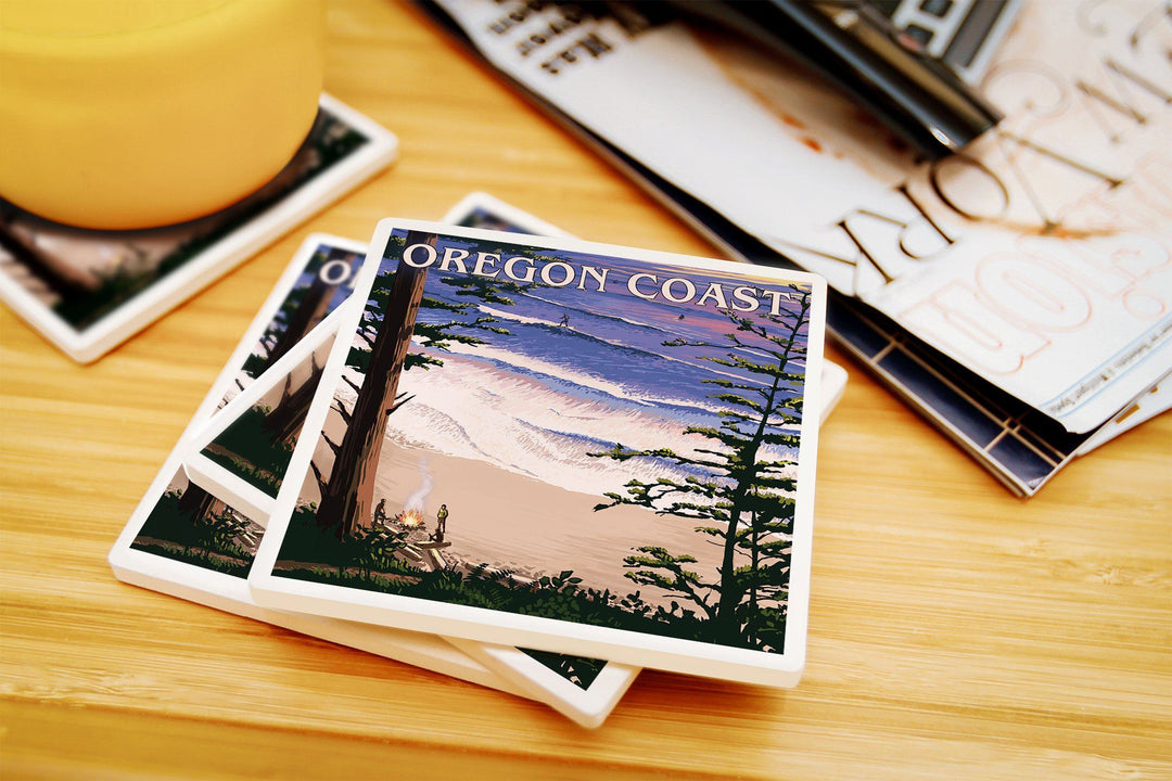 Oregon Coast, Sunset Surfers, Lantern Press Artwork, Coaster Set Coasters Lantern Press 