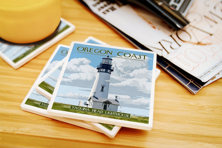 Oregon Coast, Yaquina Head Lighthouse, Lantern Press Artwork, Coaster Set Coasters Lantern Press 