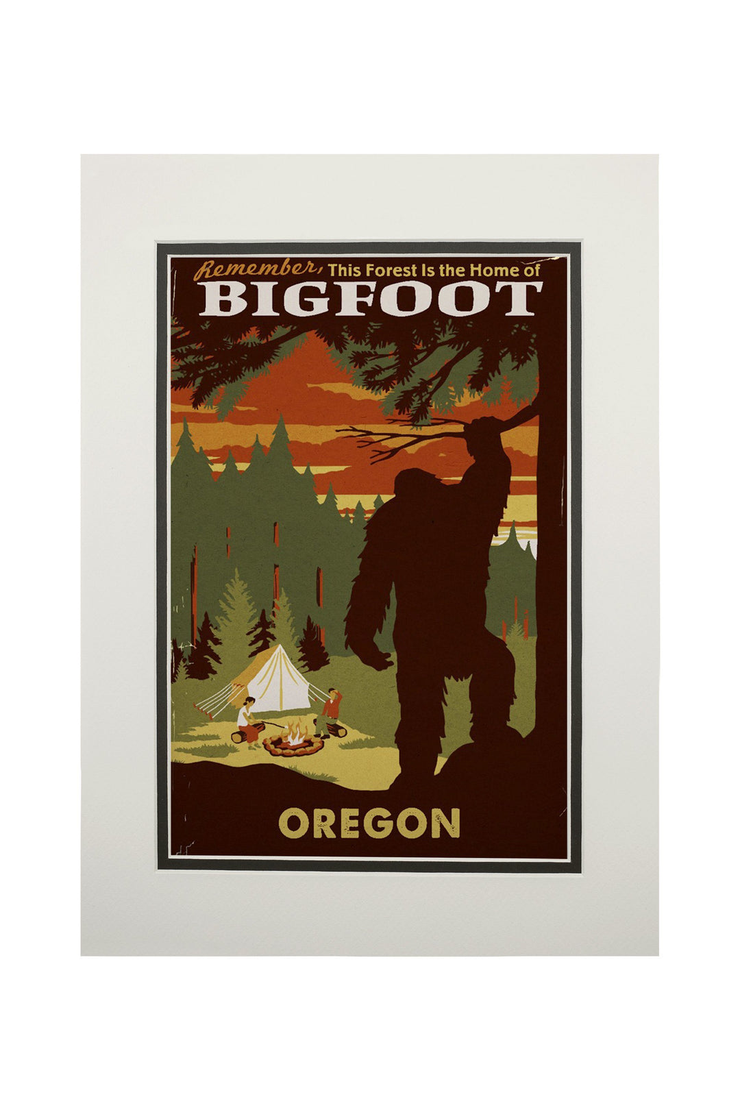 Oregon, Home of Bigfoot, Lantern Press Artwork, Art Prints and Metal Signs Art Lantern Press 11 x 14 Matted Art Print 