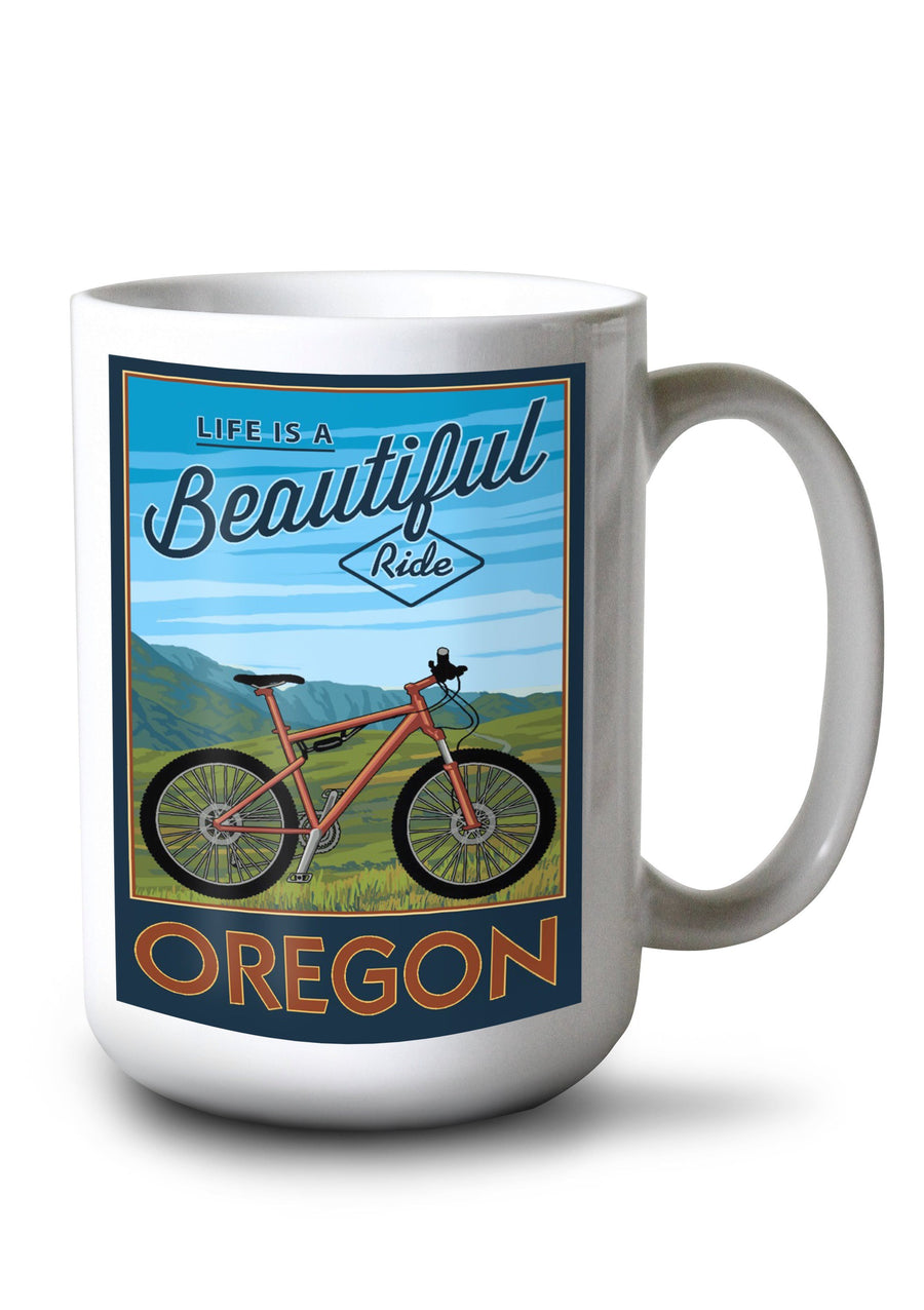 Oregon, Life is a Beautiful Ride, Mountain Bike Scene, Lantern Press Artwork, Ceramic Mug Mugs Lantern Press 