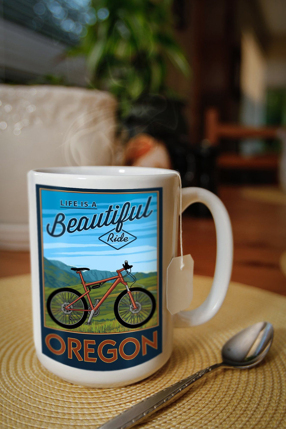Oregon, Life is a Beautiful Ride, Mountain Bike Scene, Lantern Press Artwork, Ceramic Mug Mugs Lantern Press 