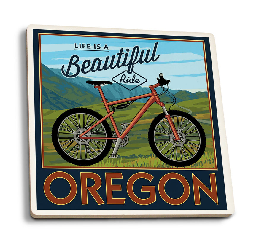 Oregon, Life is a Beautiful Ride, Mountain Bike Scene, Lantern Press Artwork, Coaster Set Coasters Lantern Press 