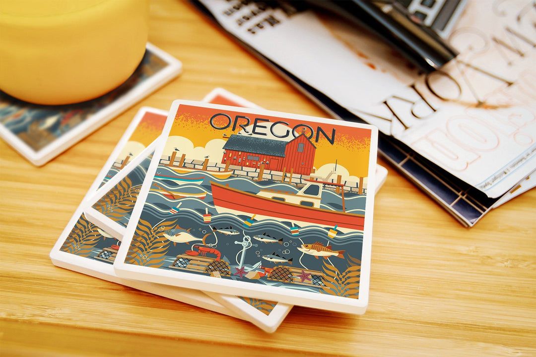 Oregon, Nautical Geometric, Lantern Press Artwork, Coaster Set Coasters Lantern Press 