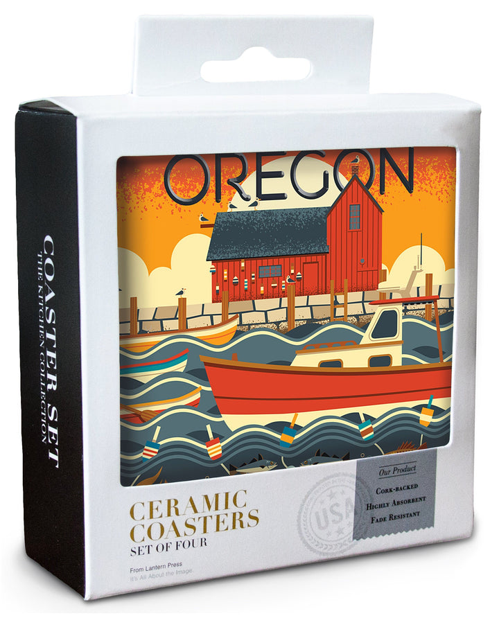 Oregon, Nautical Geometric, Lantern Press Artwork, Coaster Set Coasters Lantern Press 