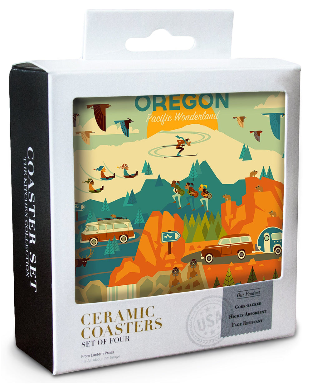 Oregon, Pacific Wonderland, Geometric, Lantern Press Artwork, Coaster Set Coasters Lantern Press 