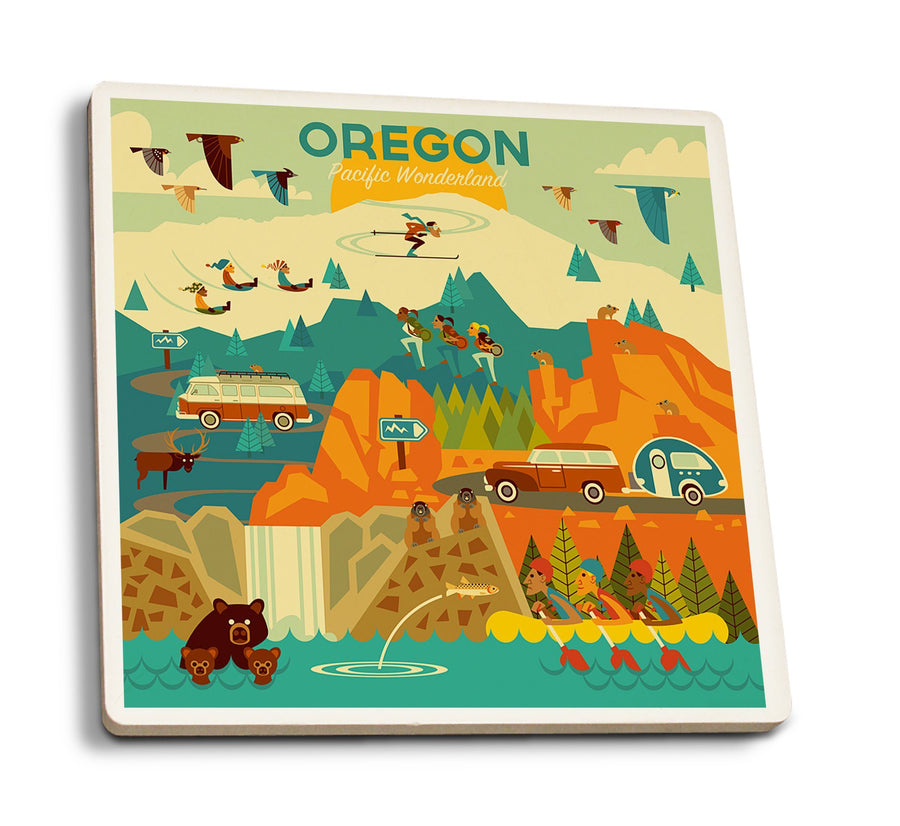Oregon, Pacific Wonderland, Geometric, Lantern Press Artwork, Coaster Set Coasters Lantern Press 