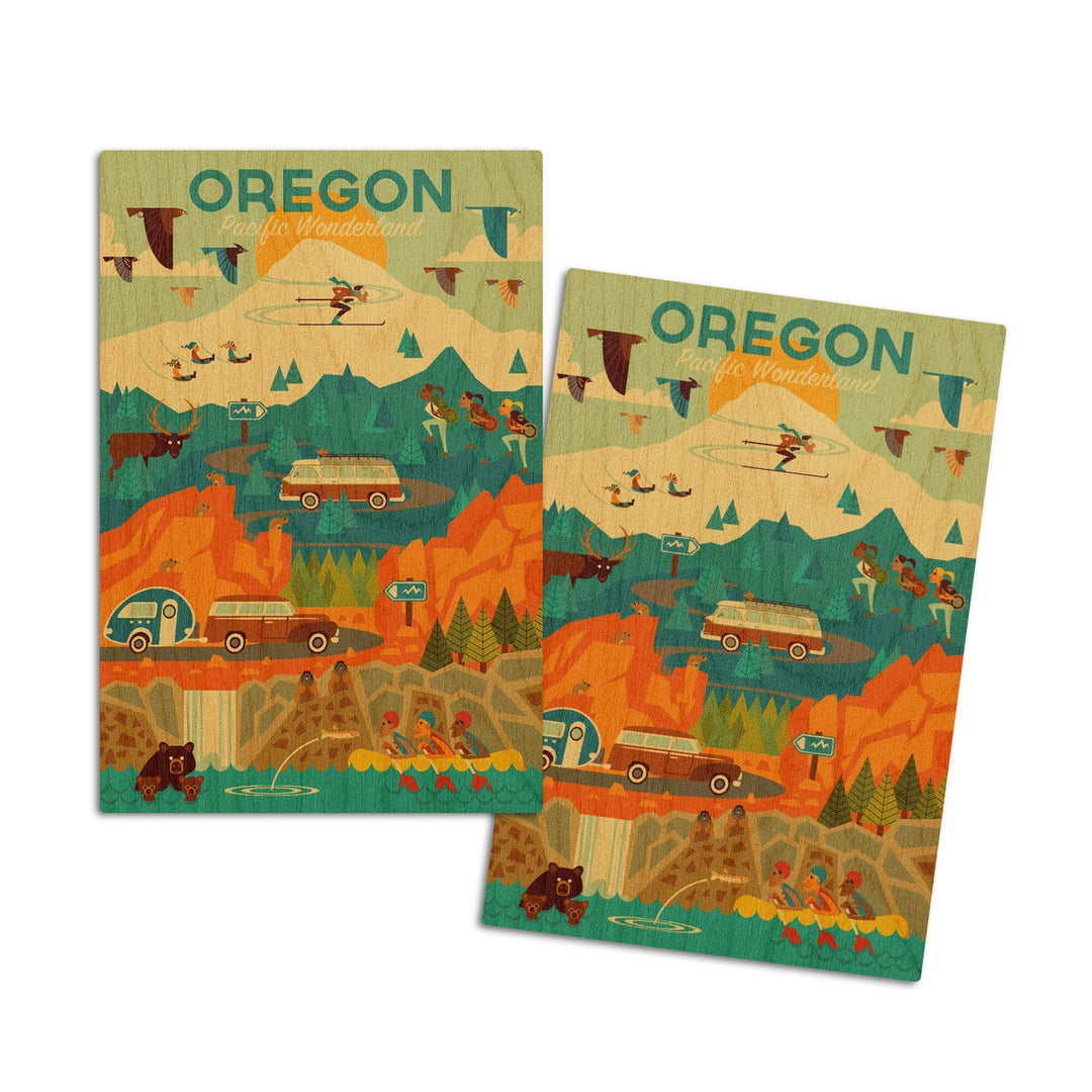 Oregon, Pacific Wonderland, Geometric, Lantern Press Artwork, Wood Signs and Postcards Wood Lantern Press 4x6 Wood Postcard Set 