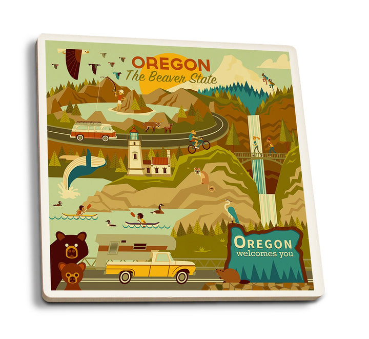 Oregon, The Beaver State, Geometric, Lantern Press Artwork, Coaster Set Coasters Lantern Press 