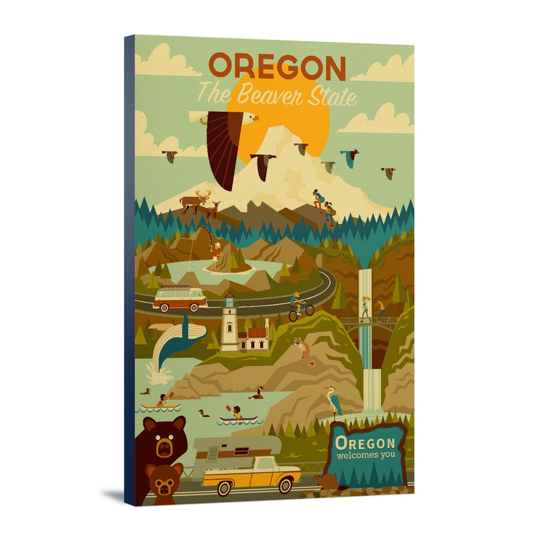 Oregon, The Beaver State, Geometric, Lantern Press Artwork, Stretched Canvas Canvas Lantern Press 12x18 Stretched Canvas 