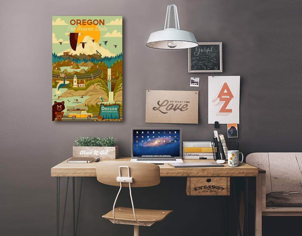 Oregon, The Beaver State, Geometric, Lantern Press Artwork, Stretched Canvas Canvas Lantern Press 