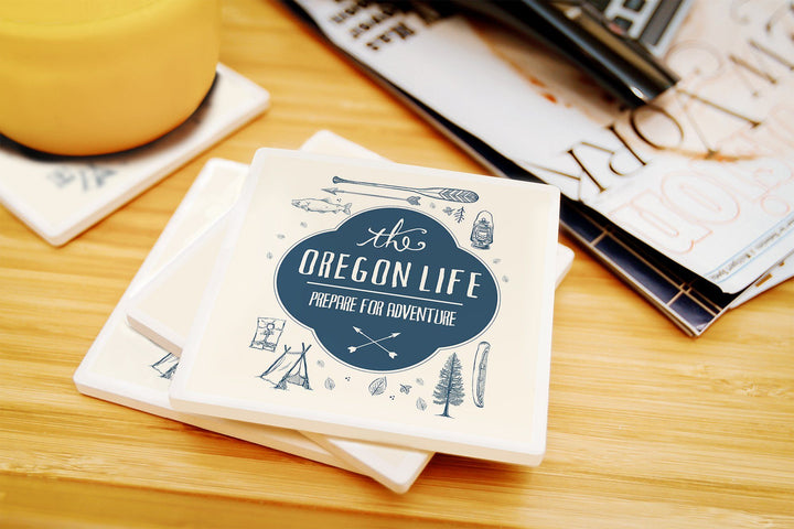 Oregon, The Oregon Life, River & Camping Collage, Contour, Lantern Press Artwork, Coaster Set Coasters Lantern Press 