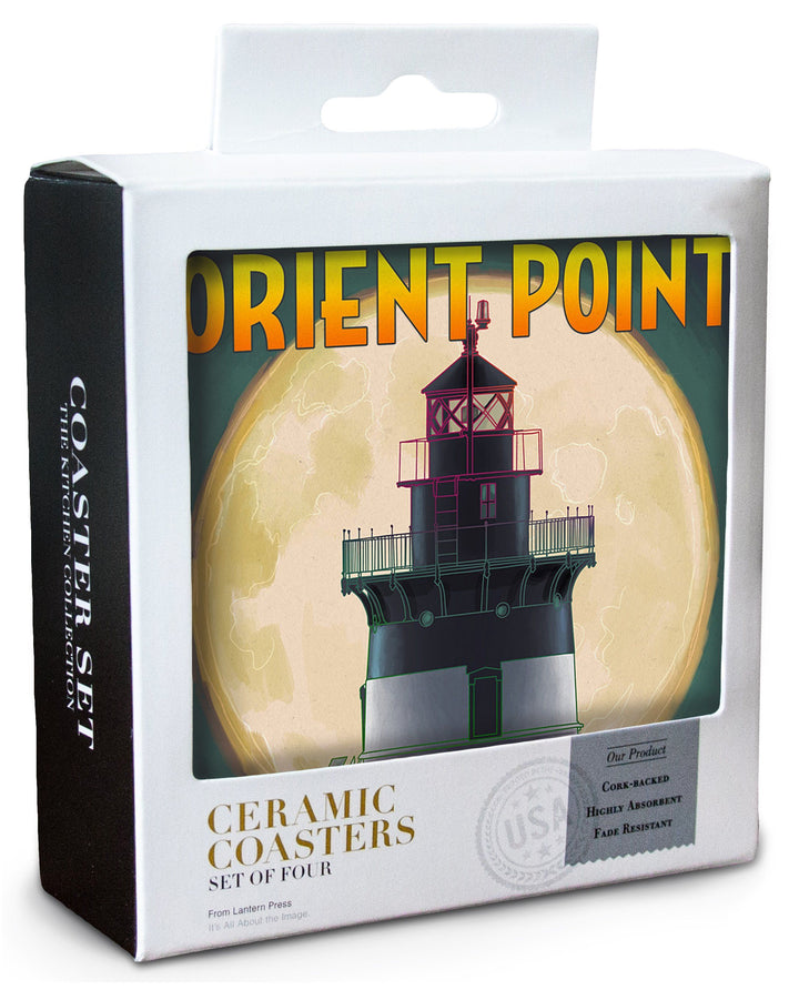 Orient Point, New York, Lighthouse & Full Moon, Lantern Press Artwork, Coaster Set Coasters Lantern Press 