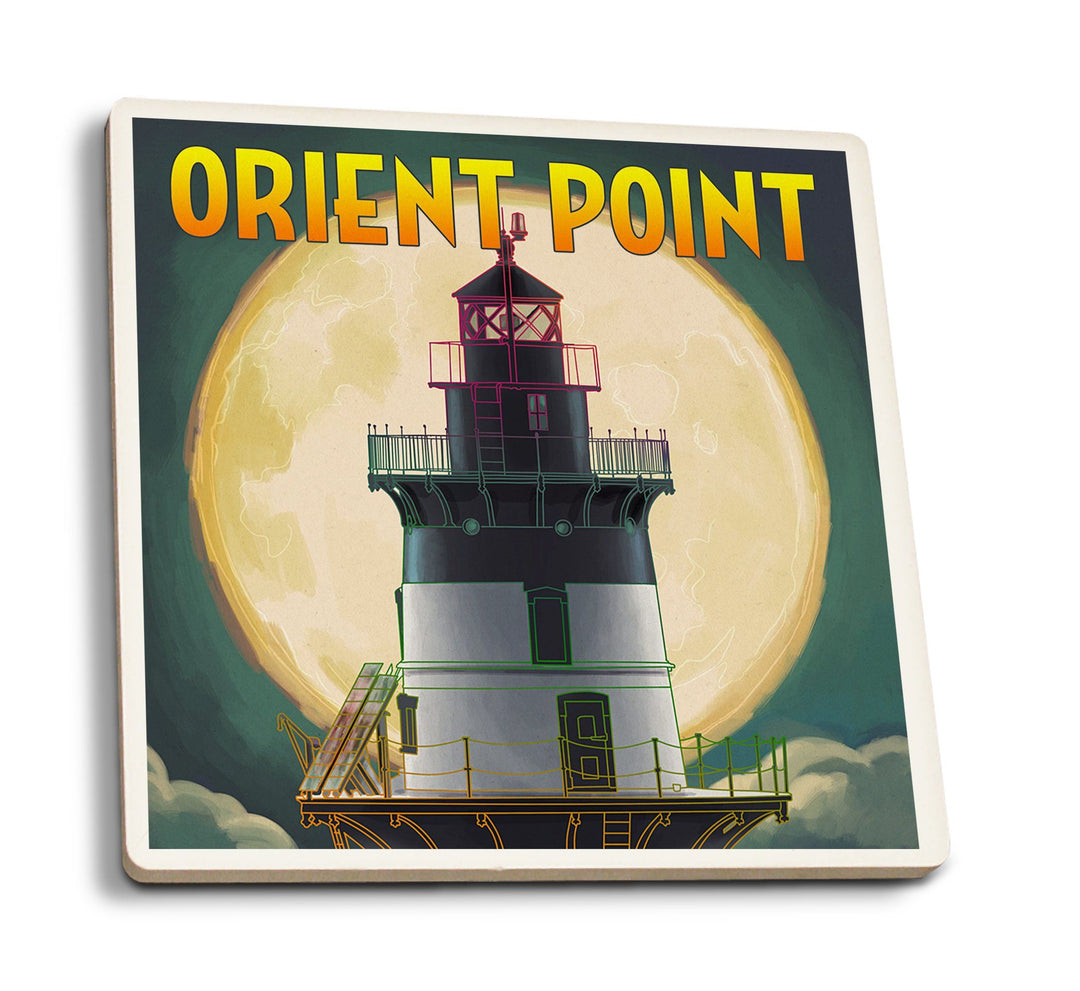 Orient Point, New York, Lighthouse & Full Moon, Lantern Press Artwork, Coaster Set Coasters Lantern Press 