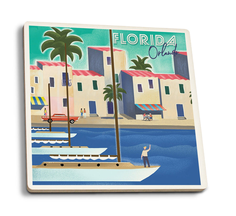 Orlando, Florida, Lithograph, Lantern Press Artwork, Coaster Set Coasters Lantern Press 