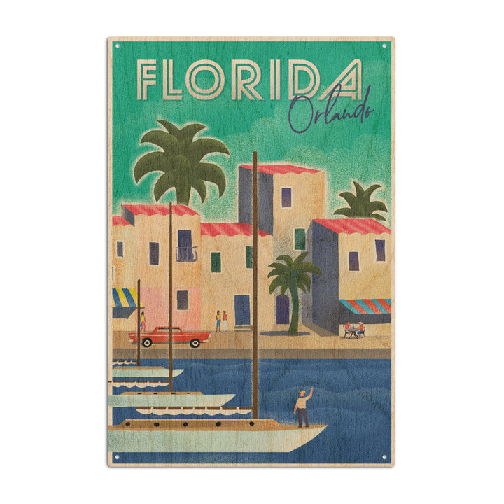 Orlando, Florida, Lithograph, Lantern Press Artwork, Wood Signs and Postcards Wood Lantern Press 10 x 15 Wood Sign 