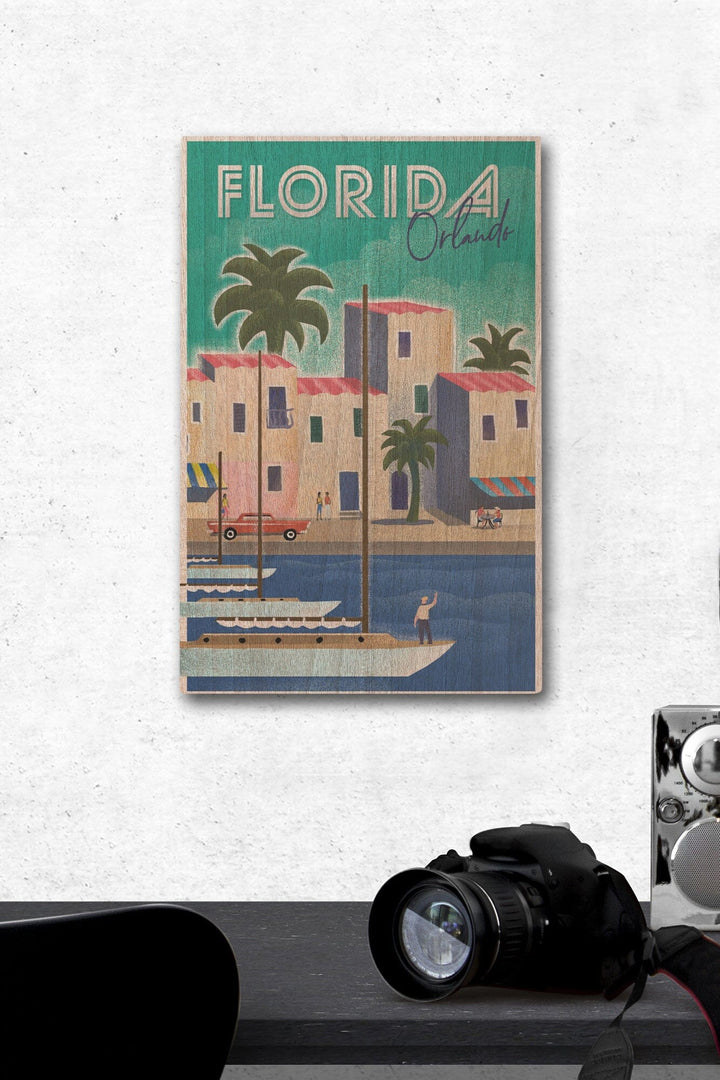 Orlando, Florida, Lithograph, Lantern Press Artwork, Wood Signs and Postcards Wood Lantern Press 12 x 18 Wood Gallery Print 