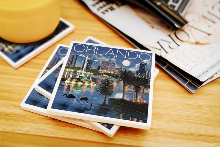 Orlando, Florida, Skyline at Night, Lantern Press Artwork, Coaster Set Coasters Lantern Press 
