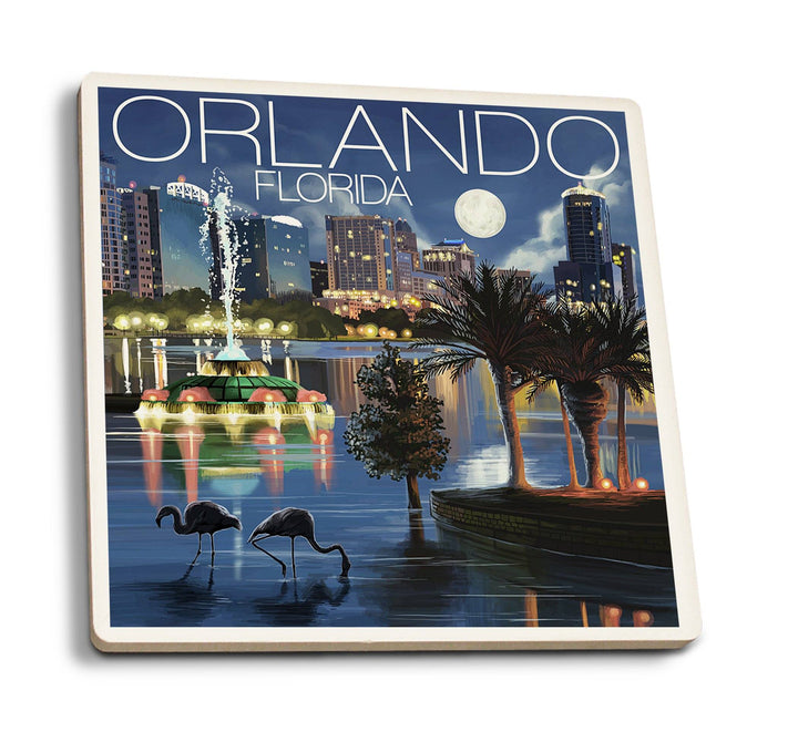 Orlando, Florida, Skyline at Night, Lantern Press Artwork, Coaster Set Coasters Lantern Press 