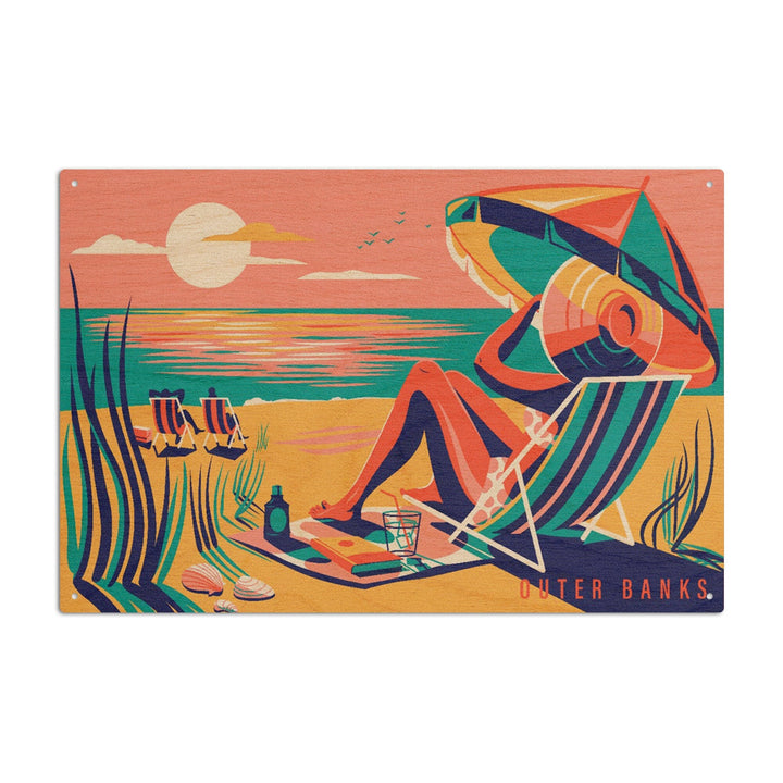 Outer Banks, North Carolina, Beach Bliss Collection, Woman at the Beach, Lantern Press Artworkene, Wood Signs and Postcards Wood Lantern Press 10 x 15 Wood Sign 