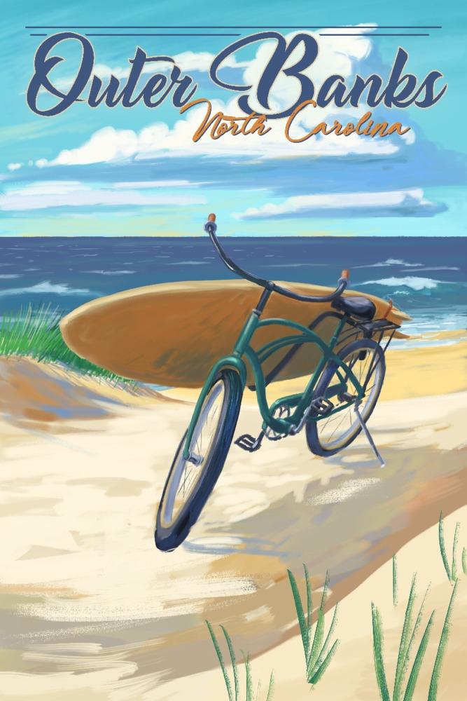 Outer Banks, North Carolina, Beach Cruiser on Beach, Lantern Press Artwork, Art Prints and Metal Signs Art Lantern Press 12 x 18 Art Print 