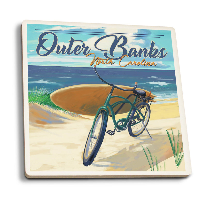 Outer Banks, North Carolina, Beach Cruiser on Beach, Lantern Press Artwork, Coaster Set Coasters Lantern Press 