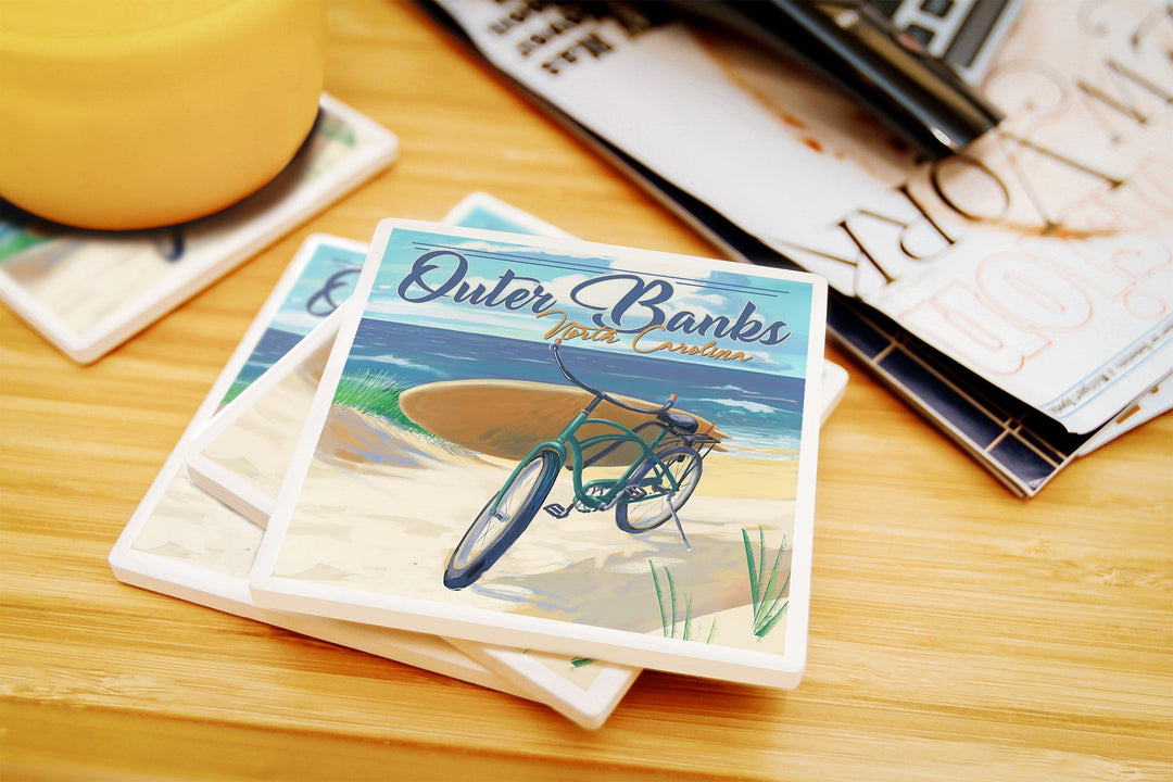 Outer Banks, North Carolina, Beach Cruiser on Beach, Lantern Press Artwork, Coaster Set Coasters Lantern Press 