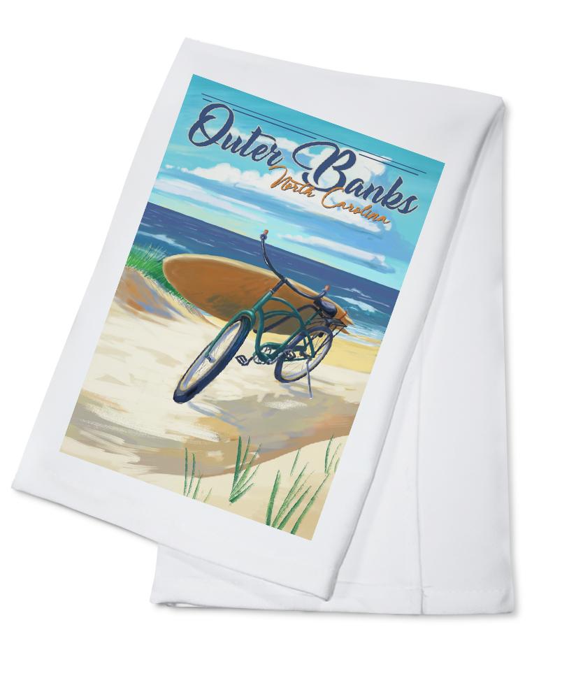 Outer Banks, North Carolina, Beach Cruiser on Beach, Lantern Press Artwork, Towels and Aprons Kitchen Lantern Press Cotton Towel 