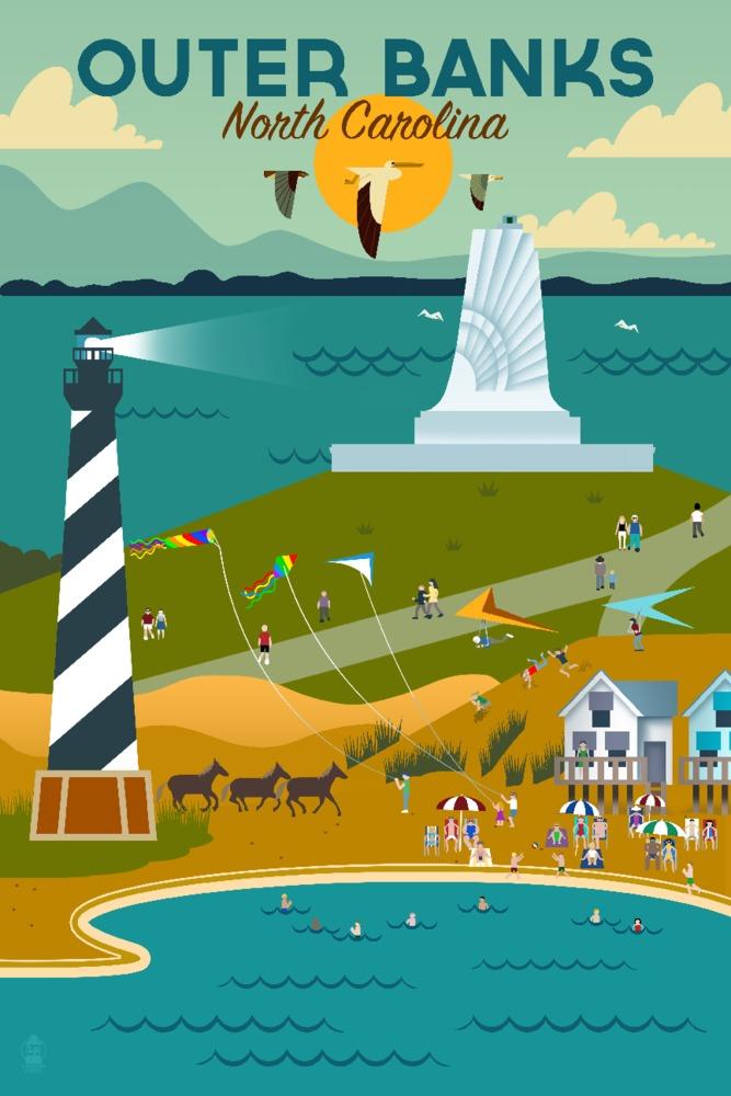 Outer Banks, North Carolina, Beach, Ocean, & Lighthouse, Geometric, Lantern Press Artwork, Art Prints and Metal Signs Art Lantern Press 12 x 18 Art Print 