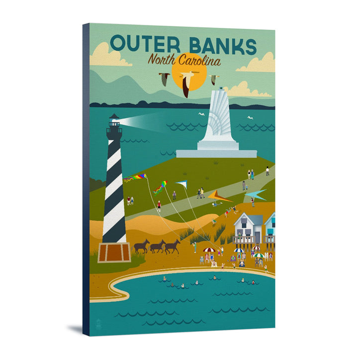 Outer Banks, North Carolina, Beach, Ocean, & Lighthouse, Geometric, Lantern Press Artwork, Stretched Canvas Canvas Lantern Press 12x18 Stretched Canvas 