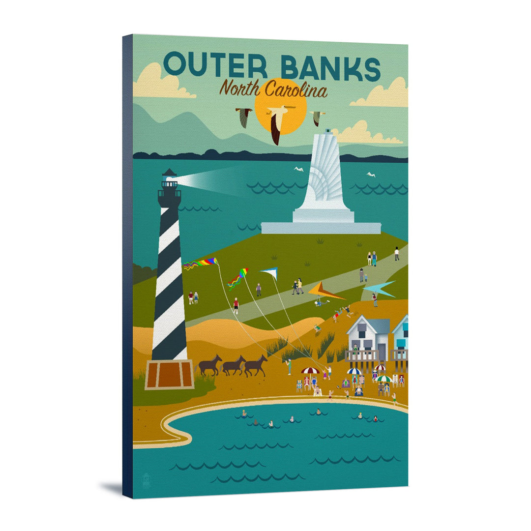 Outer Banks, North Carolina, Beach, Ocean, & Lighthouse, Geometric, Lantern Press Artwork, Stretched Canvas Canvas Lantern Press 16x24 Stretched Canvas 