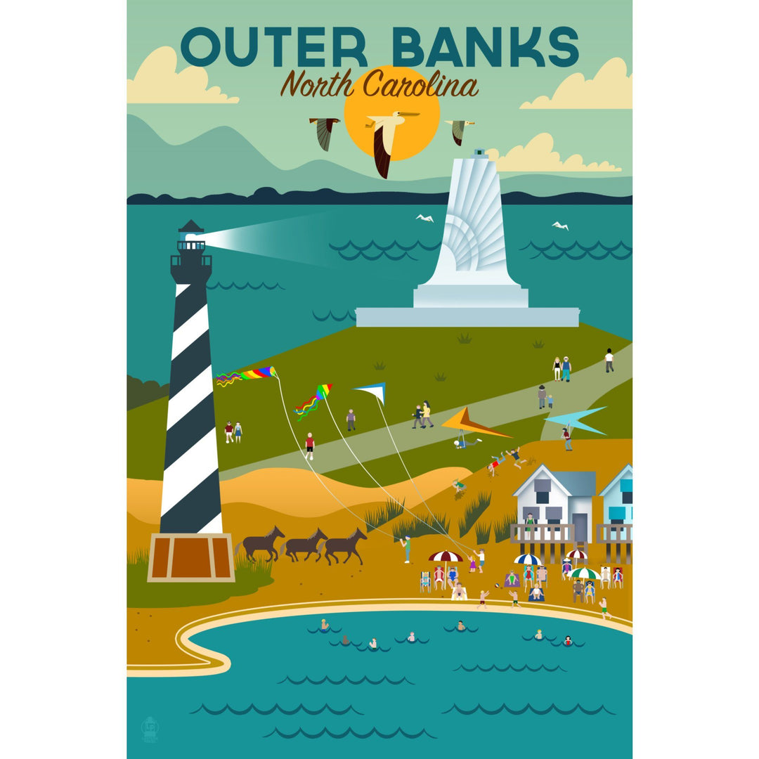 Outer Banks, North Carolina, Beach, Ocean, & Lighthouse, Geometric, Lantern Press Artwork, Stretched Canvas Canvas Lantern Press 