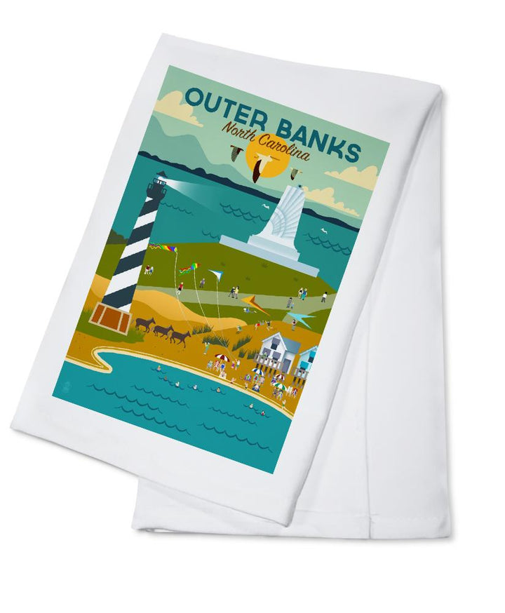 Outer Banks, North Carolina, Beach, Ocean, & Lighthouse, Geometric, Lantern Press Artwork, Towels and Aprons Kitchen Lantern Press Cotton Towel 