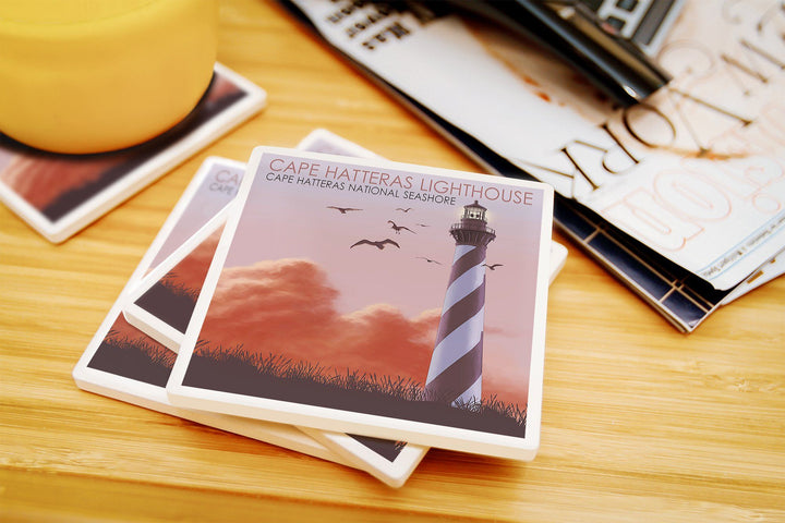 Outer Banks, North Carolina, Cape Hatteras Lighthouse, Sunrise, Lantern Press Artwork, Coaster Set Coasters Lantern Press 
