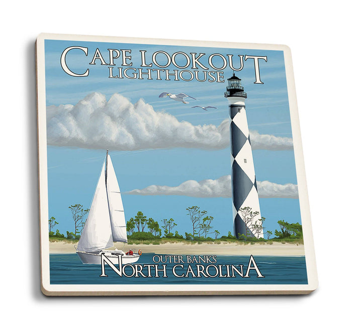 Outer Banks, North Carolina, Cape Lookout Lighthouse, Lantern Press Artwork, Coaster Set Coasters Lantern Press 