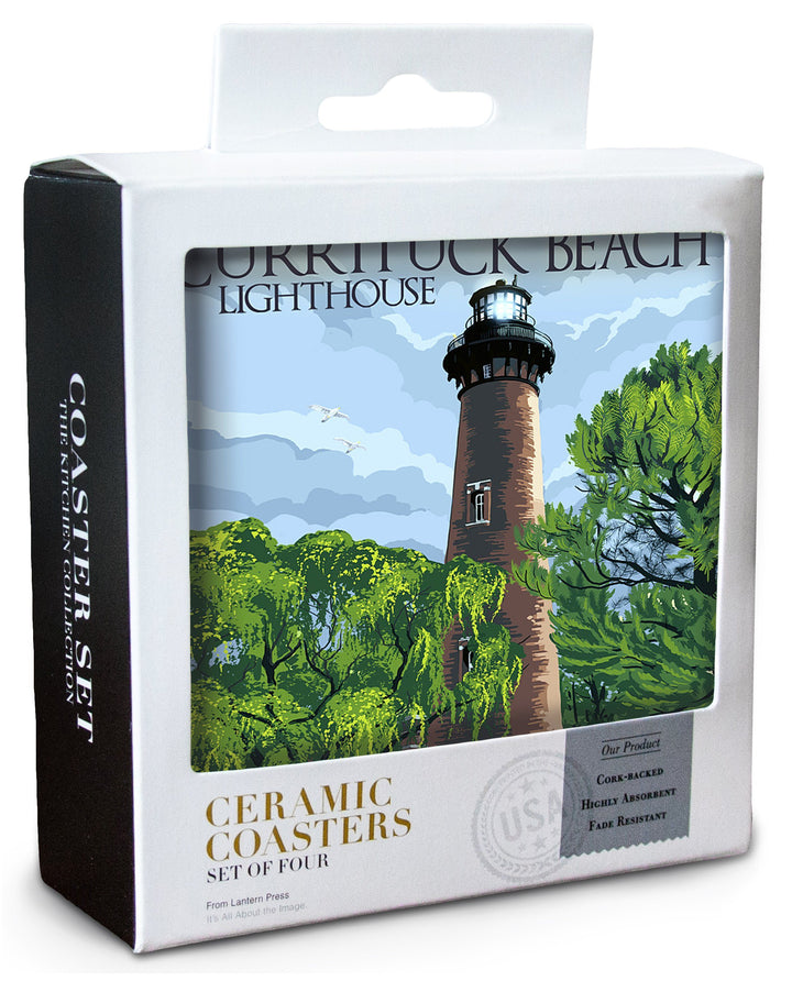 Outer Banks, North Carolina, Currituck Beach Lighthouse Day Scene, Lantern Press Artwork, Coaster Set Coasters Lantern Press 