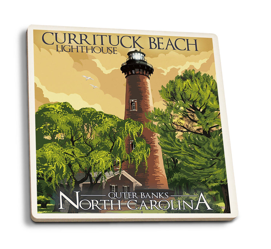 Outer Banks, North Carolina, Currituck Beach Lighthouse, Lantern Press Artwork, Coaster Set Coasters Lantern Press 