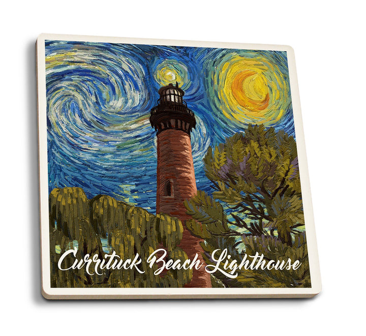Outer Banks, North Carolina, Currituck Beach Lighthouse, Starry Night, Lantern Press Artwork, Coaster Set Coasters Lantern Press 