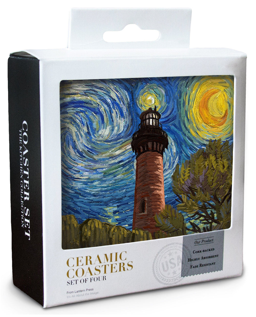 Outer Banks, North Carolina, Currituck Beach Lighthouse, Starry Night, Lantern Press Artwork, Coaster Set Coasters Lantern Press 