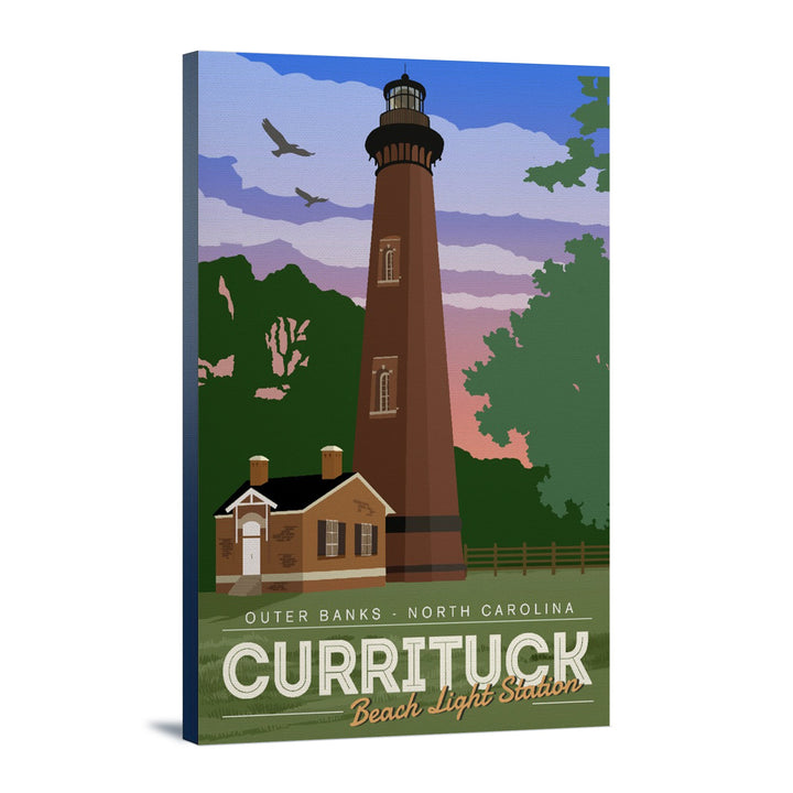 Outer Banks, North Carolina, Currituck Beach Lighthouse, Vector Style, Lantern Press Artwork, Stretched Canvas Canvas Lantern Press 12x18 Stretched Canvas 