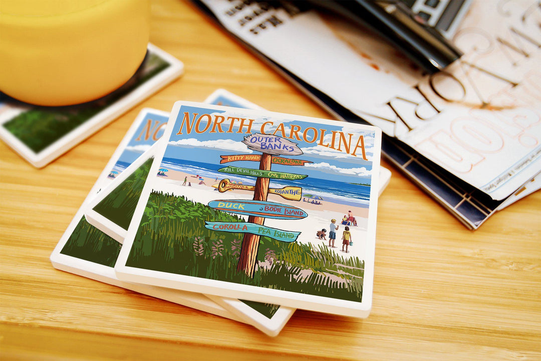 Outer Banks, North Carolina, Destinations Sign, Lantern Press Artwork, Coaster Set Coasters Lantern Press 