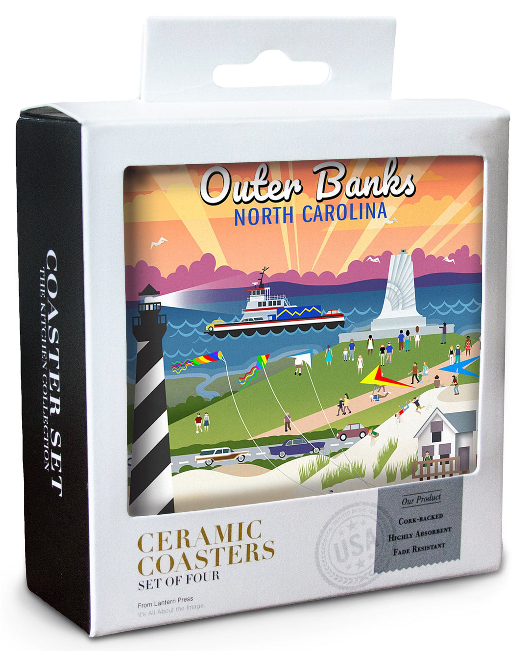 Outer Banks, North Carolina, Retro Scenes, Lantern Press Artwork, Coaster Set Coasters Lantern Press 