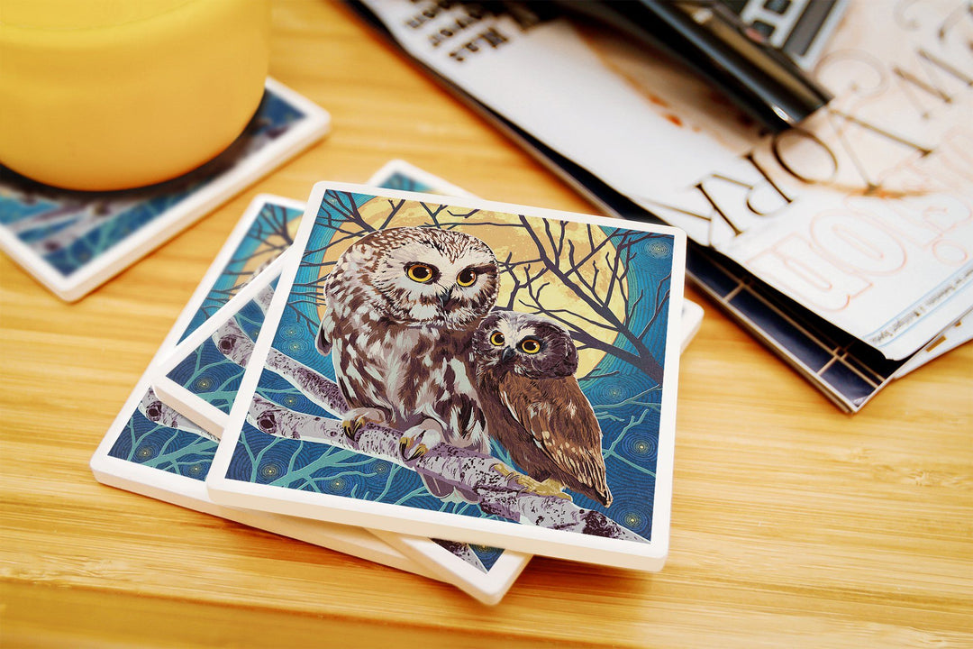 Owl & Owlet, Letterpress, Lantern Press Poster, Coaster Set Coasters Lantern Press 