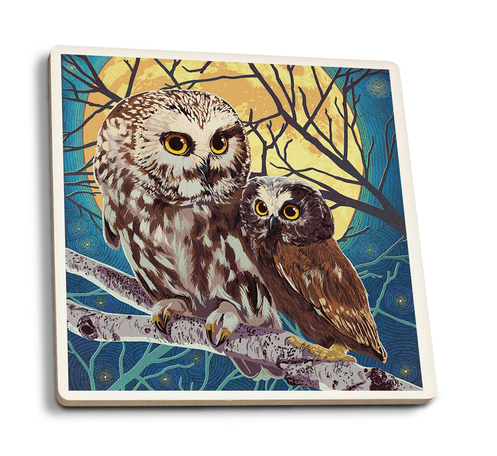 Owl & Owlet, Letterpress, Lantern Press Poster, Coaster Set Coasters Lantern Press 