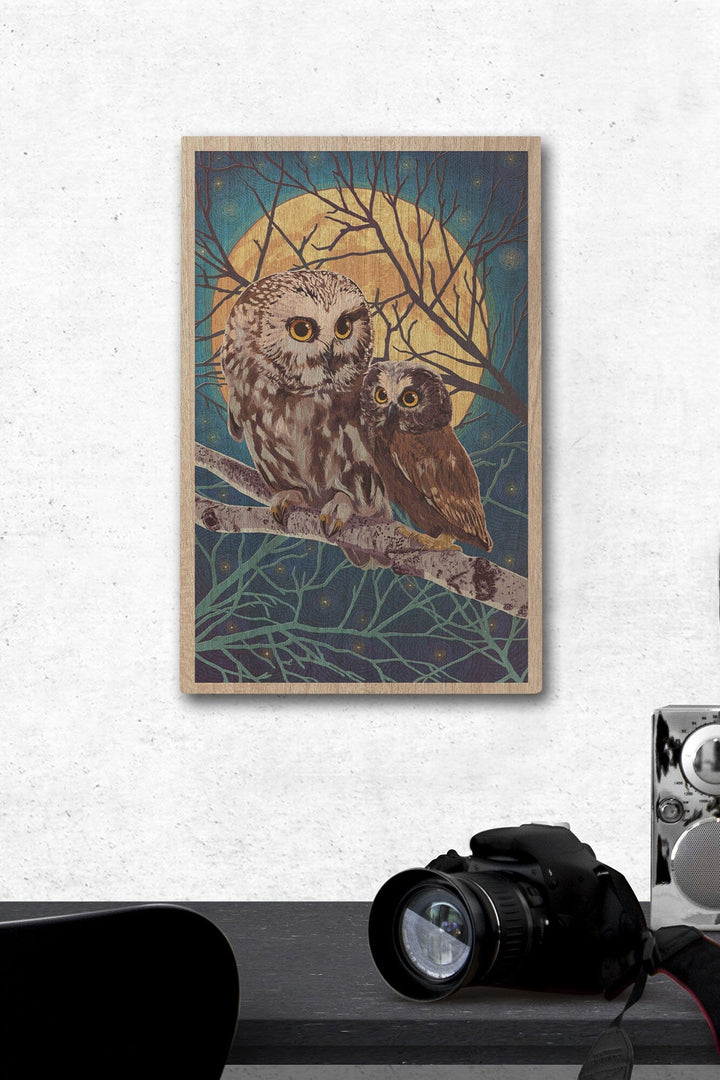 Owl & Owlet, Letterpress, Lantern Press Poster, Wood Signs and Postcards Wood Lantern Press 12 x 18 Wood Gallery Print 