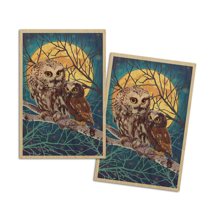 Owl & Owlet, Letterpress, Lantern Press Poster, Wood Signs and Postcards Wood Lantern Press 4x6 Wood Postcard Set 
