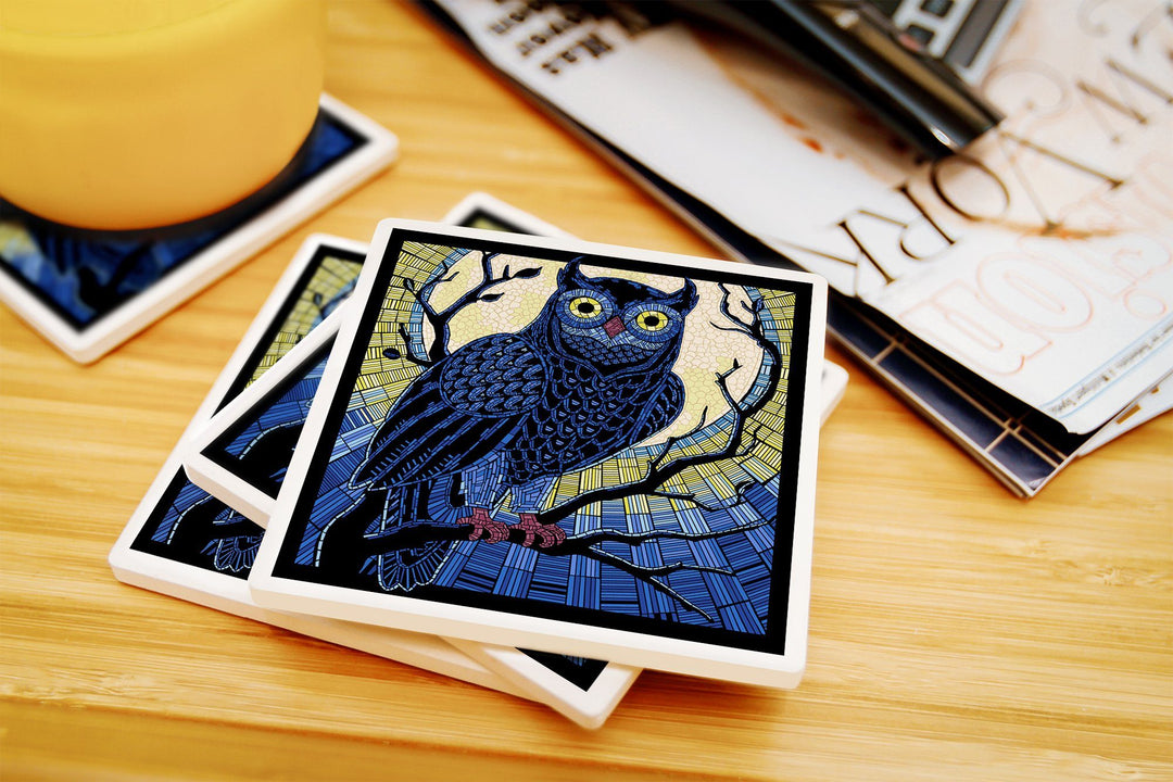 Owl, Paper Mosaic, Lantern Press Artwork, Coaster Set Coasters Lantern Press 