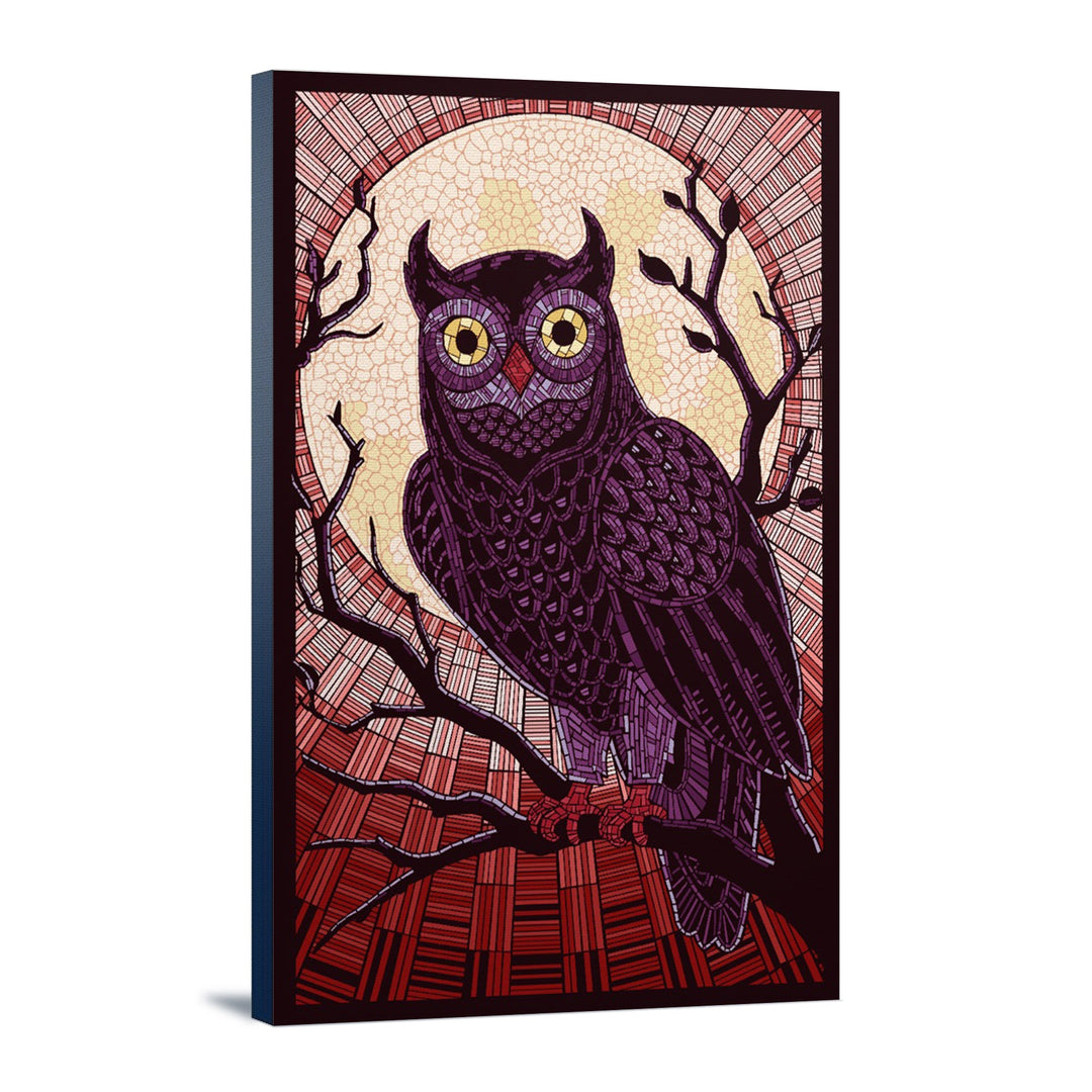 Owl, Paper Mosaic (Red), Lantern Press Poster, Stretched Canvas Canvas Lantern Press 24x36 Stretched Canvas 