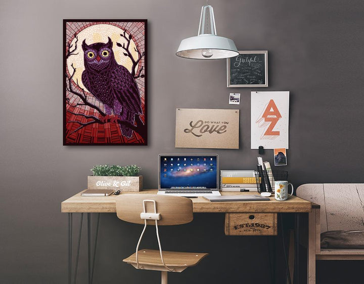 Owl, Paper Mosaic (Red), Lantern Press Poster, Stretched Canvas Canvas Lantern Press 